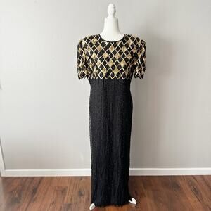 Laurence Kazar Gold Sequin Argyle Black Beaded Silk Evening Gown Women's Size XL